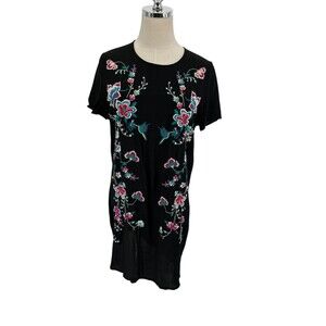 Express Dress Women's Size S Black Floral Hummingbird Embroidered Shift Tunic